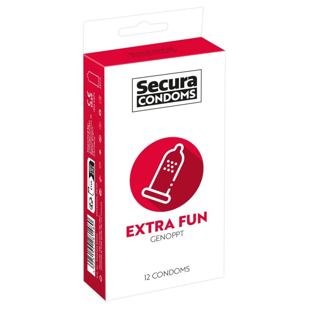 Verpackung von Secura Extra Fun Kondomen. Rote und weiße Schachtel mit Produktnamen und 12 Kondomen. Die Schachtel ist leicht schräg abgebildet.