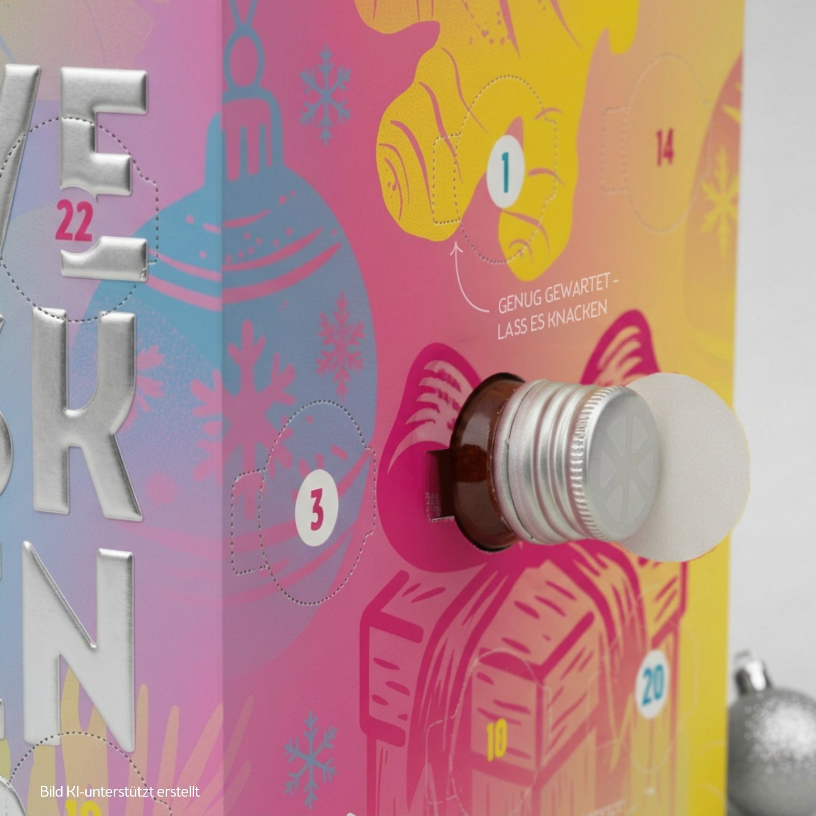 Vorderseite eines bunten Adventskalenders mit der Aufschrift 'Adventskalender'.