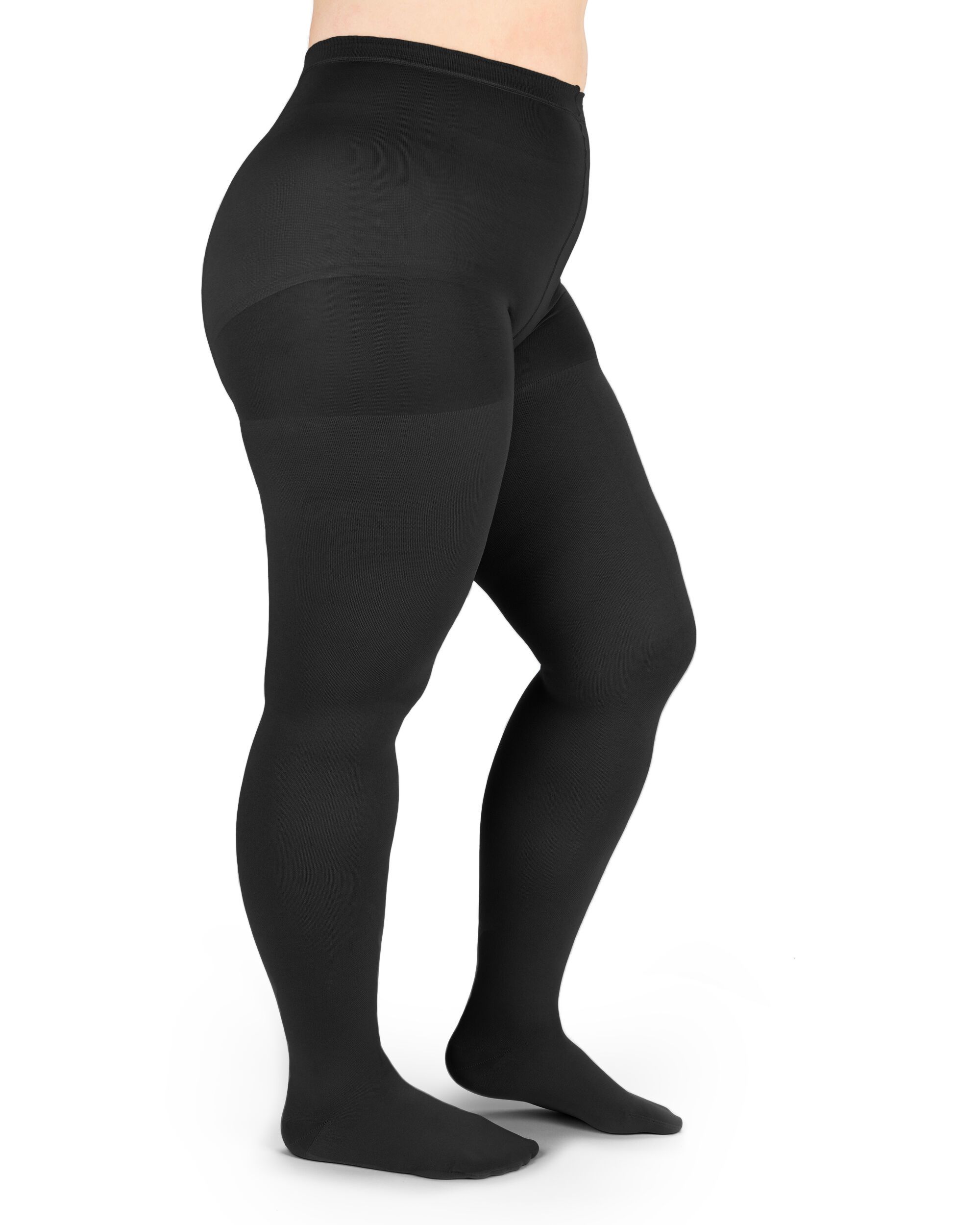 Schwarze Kompressionsstrumpfhose. Seitliche Ansicht einer Person. Sichtbare Kompressionszonen.