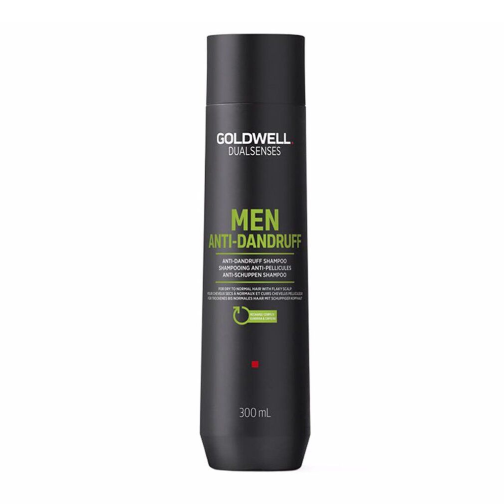 Schwarze Flasche Goldwell Dualsenses Men Anti-Schuppen Shampoo. Grüne und weiße Schrift. 300ml. Aufschrift: Anti-Schuppen Shampoo.