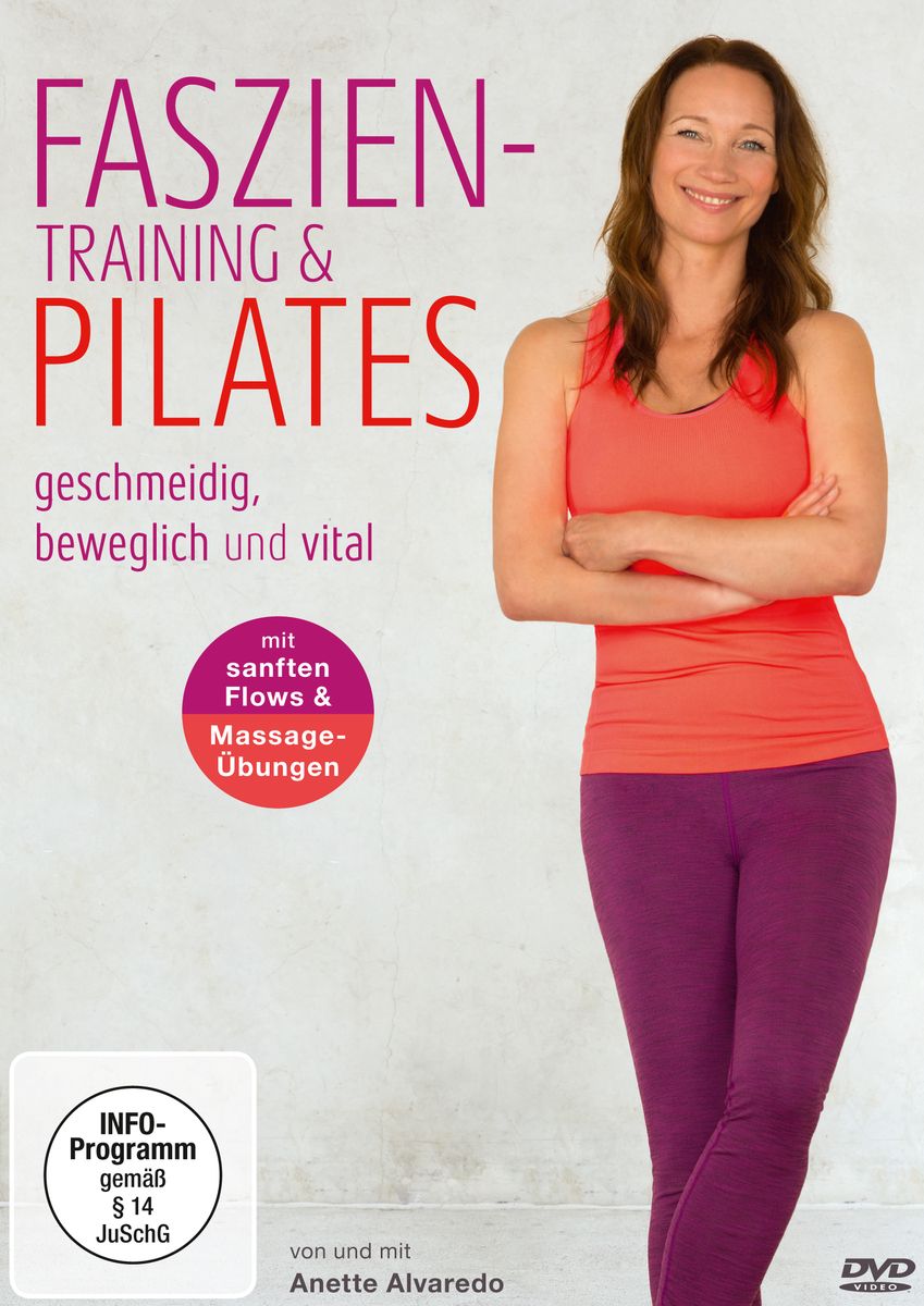 DVD mit dem Titel "Faszien-Training & Pilates". Frau in Sportkleidung vor hellem Hintergrund. Text: geschmeidig, beweglich und vital.