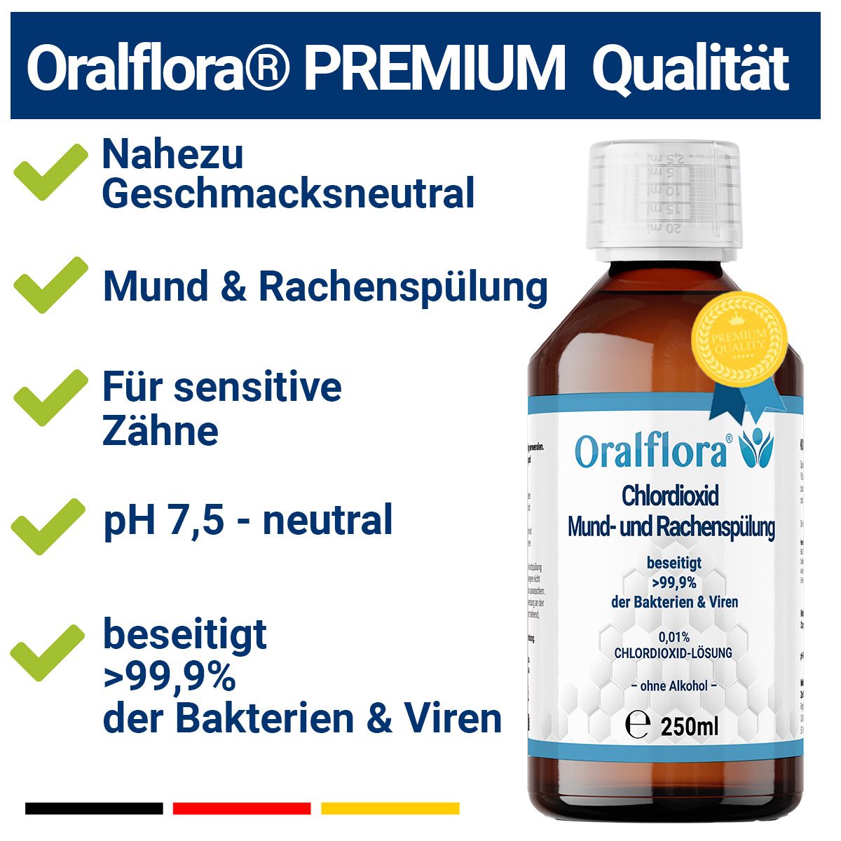 Flasche Oralflora Mundspülung mit Qualitätsauszeichnung. Grüne Häkchen neben Texten wie 'Geschmacksneutral' und 'pH 7,5'.