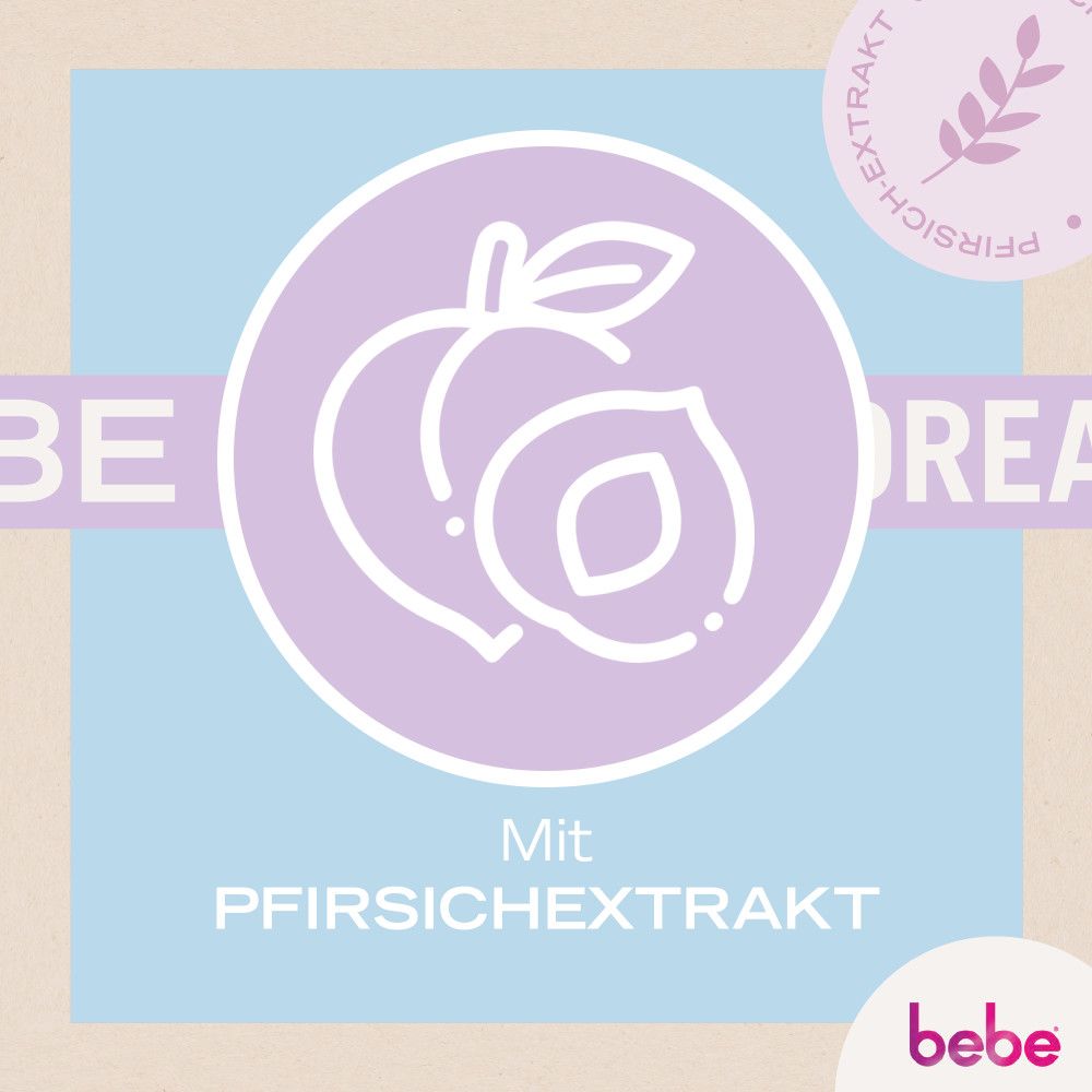 Logo mit Pfirsichhälfte. Text: Mit Pfirsichextrakt. Marke: bebe.
