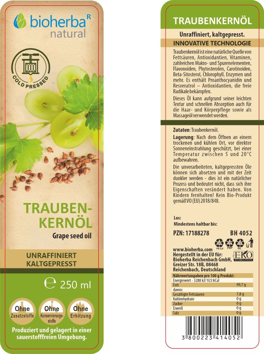 Bioherba Traubenkernöl, kaltgepresst. Grüne Etikett mit Trauben-Illustration. Text: unraffiniert, kaltgepresst, 250 ml. EKO-Zertifizierung.