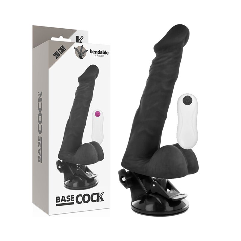 Schwarzer Flex-Vibrator mit Verpackung. Auf der Verpackung steht BASE COCK und 20 CM.