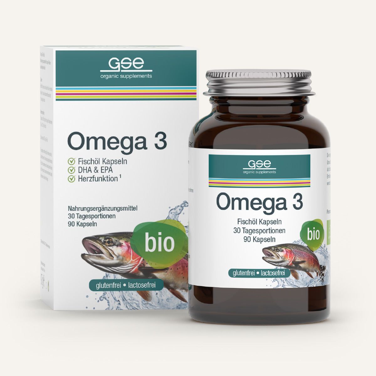 Braune Glasflasche und Schachtel mit Omega 3 Fischöl Kapseln. Aufschrift: Omega 3, Fischöl Kapseln, bio. Fisch-Illustration.