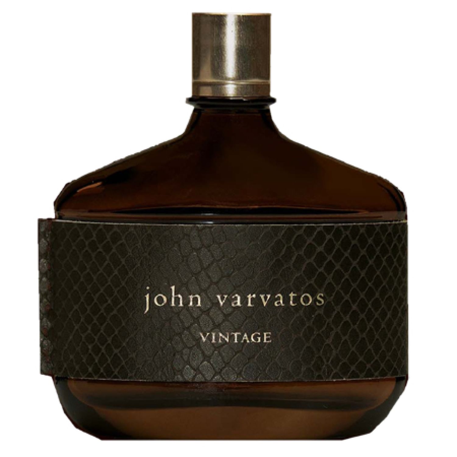 Dunkelbraune Flasche mit silberfarbenem Verschluss. Aufschrift: John Varvatos Vintage. Schwarze, strukturierte Banderole.