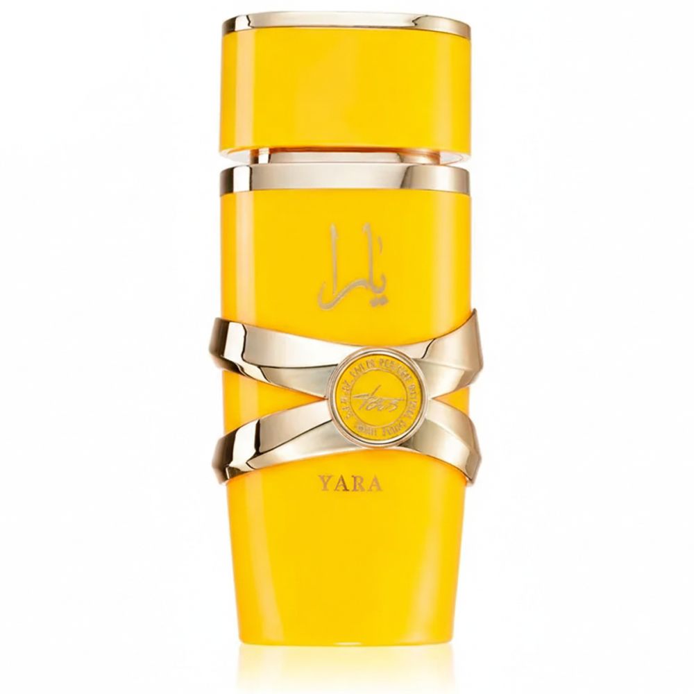 Gelber Flakon mit goldfarbenen Akzenten. Aufschrift "Yara".