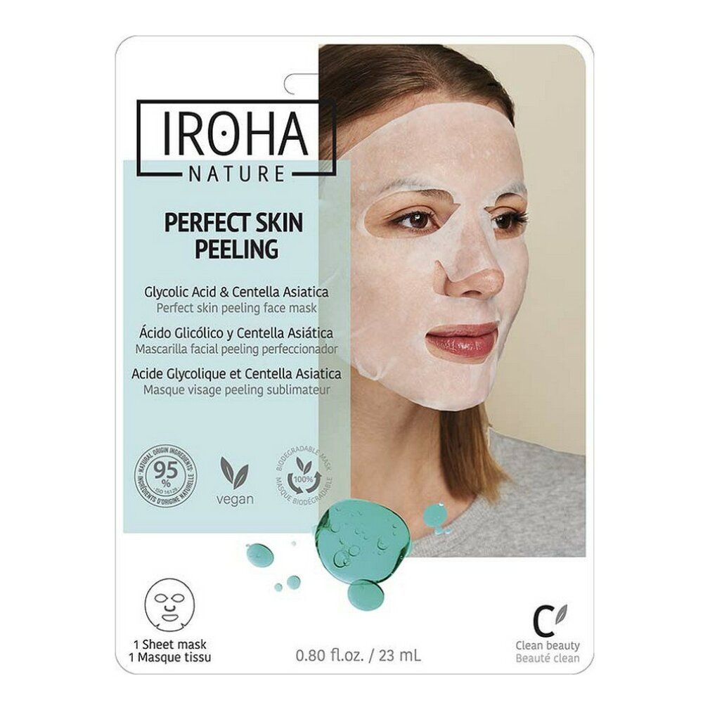Gesichtsmaske auf Verpackung. Marke Iroha Nature. Text: Perfect Skin Peeling, Glykolsäure & Centella Asiatica. Vegan.