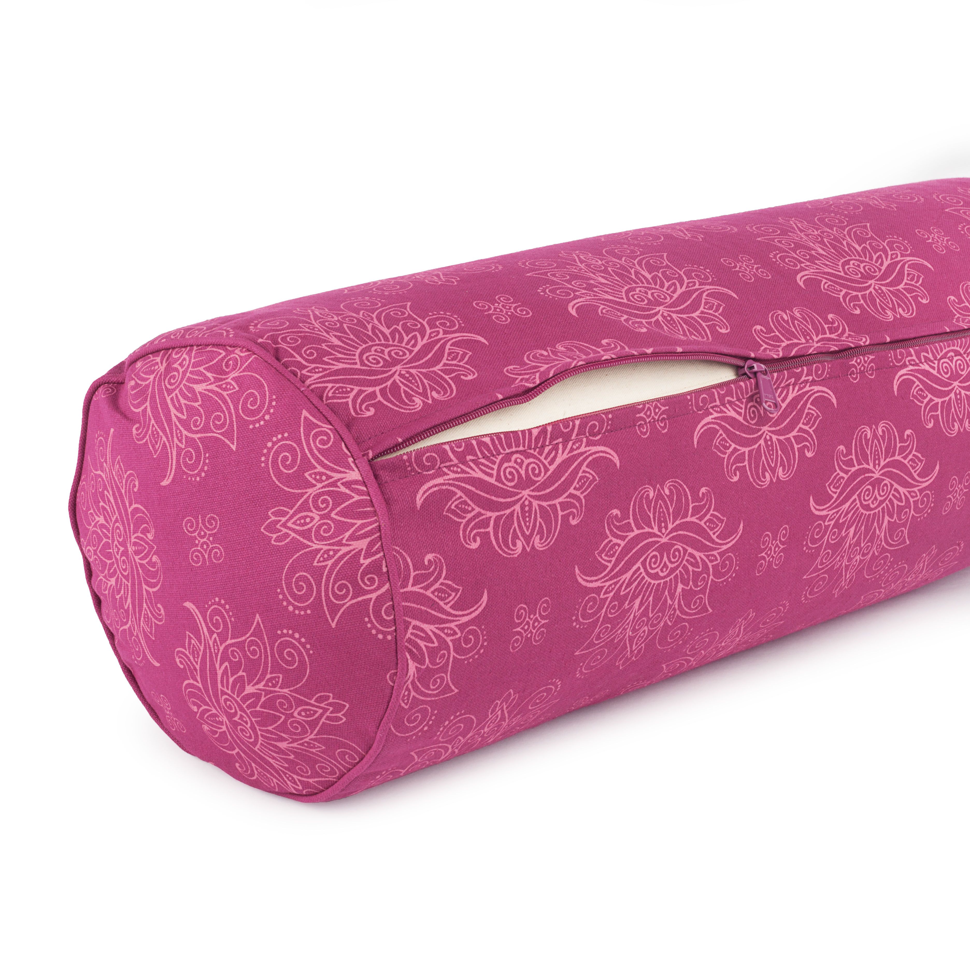 Maharaja Collection: Gemustertes Yoga-Bolster (rund), "Lotus", berry, Dinkelhülsen