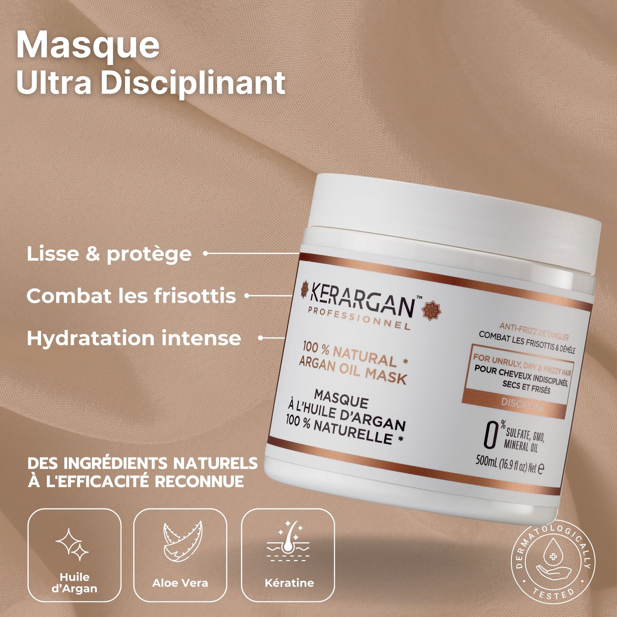Pot blanc de masque. Texte : Kerargan, masque à l'huile d'argan 100% naturel. Pour cheveux secs. Testé dermatologiquement.