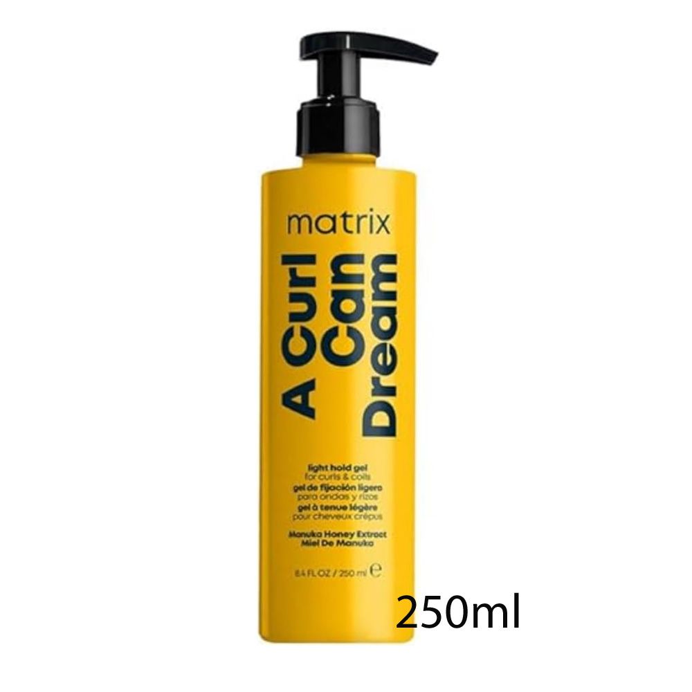 Gel-Flasche mit schwarzem Pumpkopf. Gelb mit schwarzer Schrift: A Curl Can Dream. 250ml.