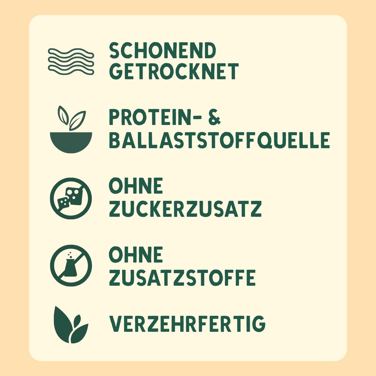 Infografik mit Symbolen und Texten. Text: Schonend getrocknet, Protein- & Ballaststoffquelle, ohne Zuckerzusatz, ohne Zusatzstoffe, verzehrfertig.