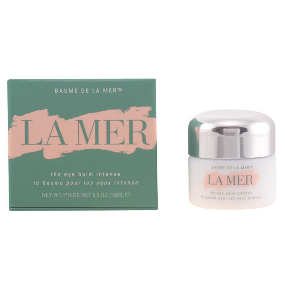 Grüne Verpackung und Tiegel. Auf der Verpackung steht "LA MER" und "the eye balm intense". Der Tiegel hat einen silbernen Deckel.