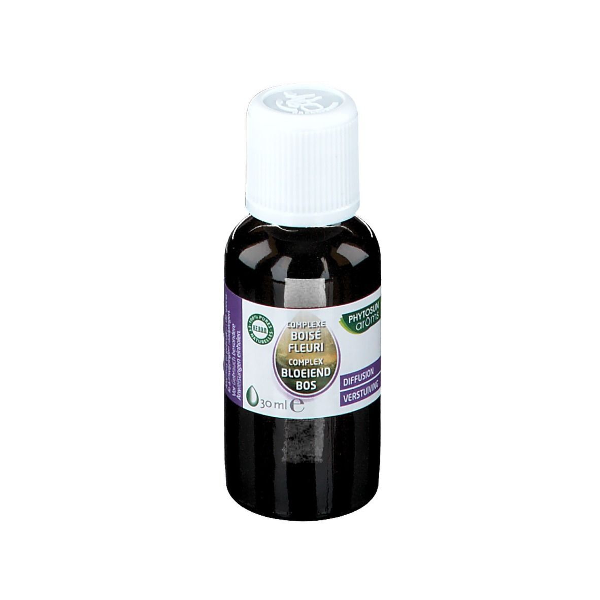 Phytosun arôms Complex Bois Fleuri. Flacon brun, bouchon blanc. Texte: Complex Bois Fleuri, 30 ml, Diffusion, 100% huiles essentielles pures.