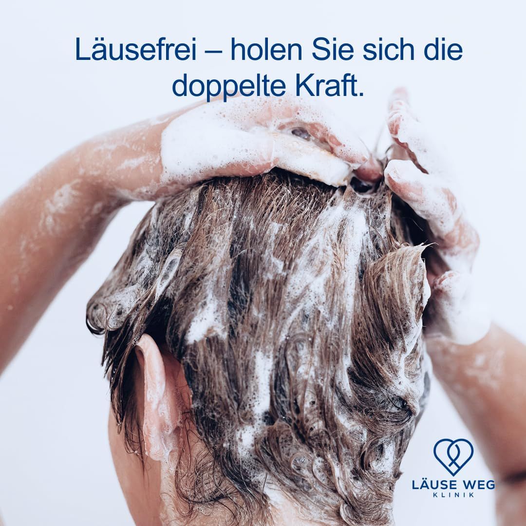 Hände waschen Haare mit Schaum. Text: Läusefrei – holen Sie sich die doppelte Kraft. Logo: Läuse Weg Klinik.