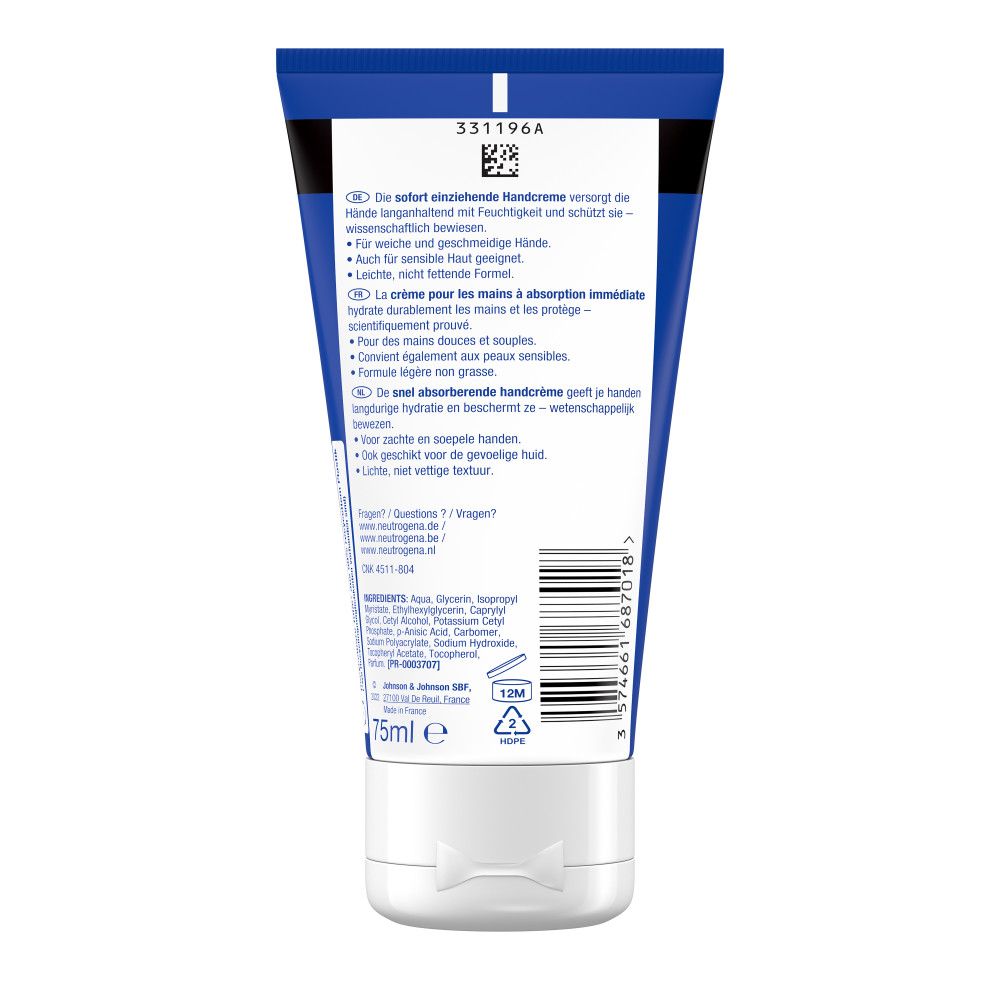 Rückseite der Handcreme-Tube. Text in Deutsch, Inhaltsstoffe, 75ml, Recycling-Symbol.