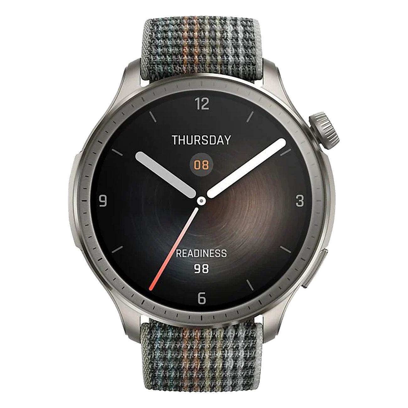Smartwatch mit rundem Zifferblatt und Stoffarmband. Zeigt Uhrzeit und Gesundheitsdaten. Detailansicht.