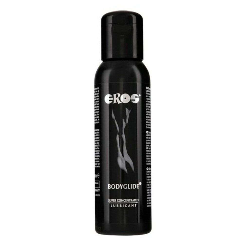 Schwarze Flasche mit weißer Aufschrift EROS, BODYGLIDE und SUPER CONCENTRATED LUBRICANT. Abbildung einer Frau.