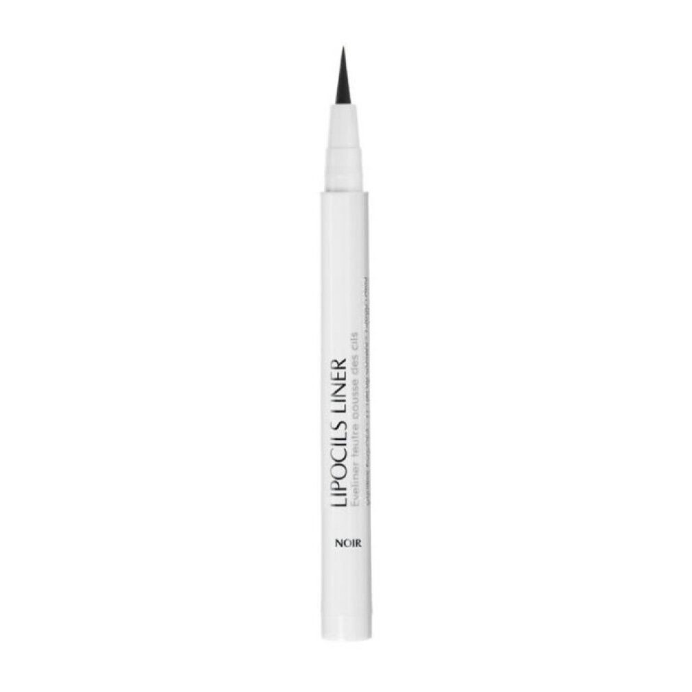 Schwarzer flüssiger Eyeliner-Stift mit feiner Spitze und weißem Gehäuse.