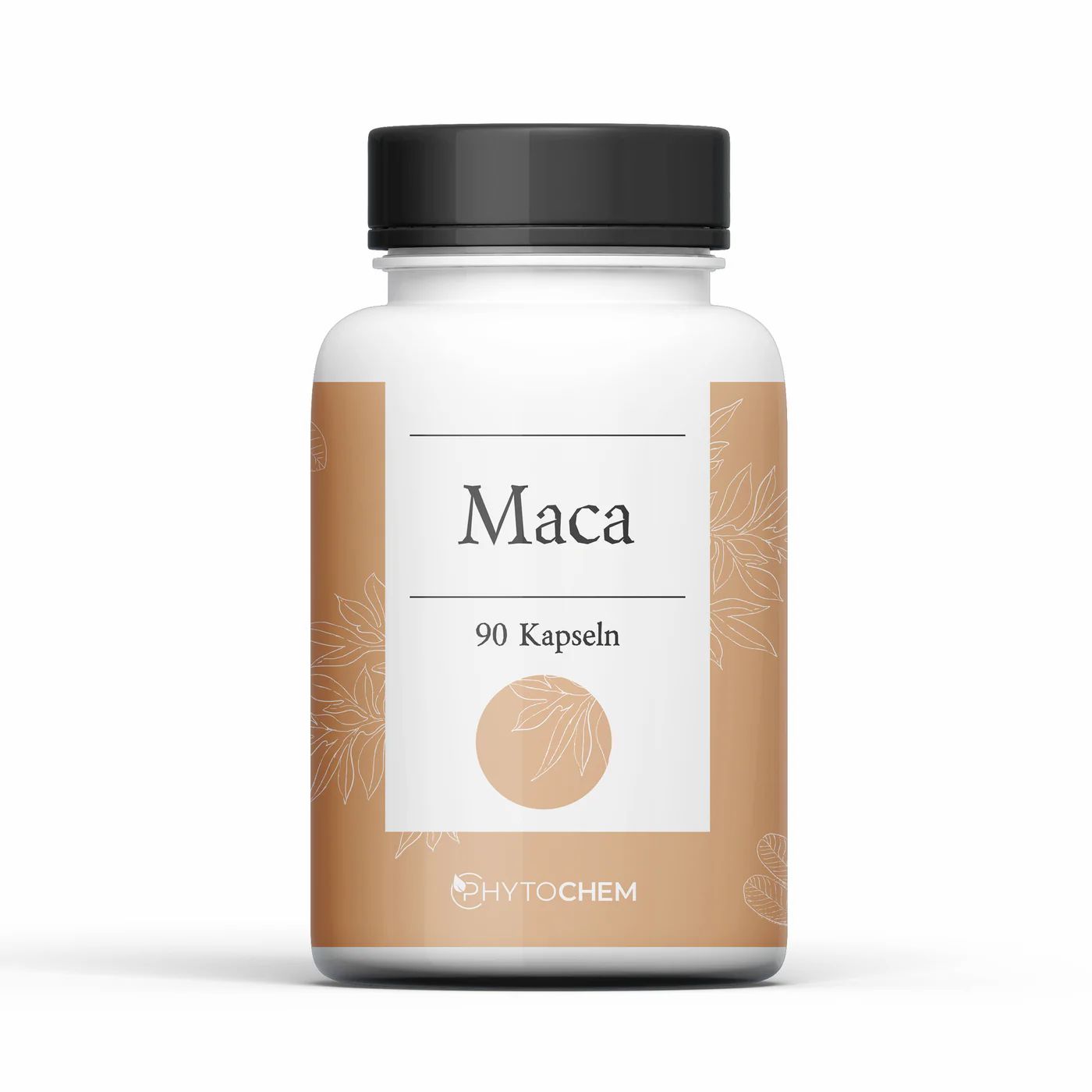 Braune Flasche mit schwarzem Deckel. Aufschrift "Maca" und "90 Kapseln". Marke: Phytochem.