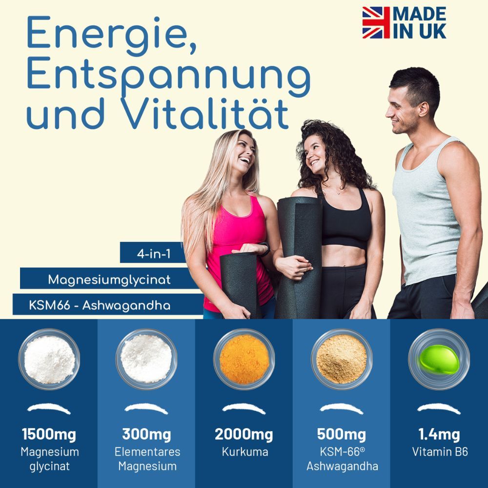 Werbebild mit drei Personen und Zutaten. Text: Energie, Entspannung und Vitalität. Zutaten: Magnesiumglycinat, Elementares Magnesium, Kurkuma, KSM-66® Ashwagandha, Vitamin B6.