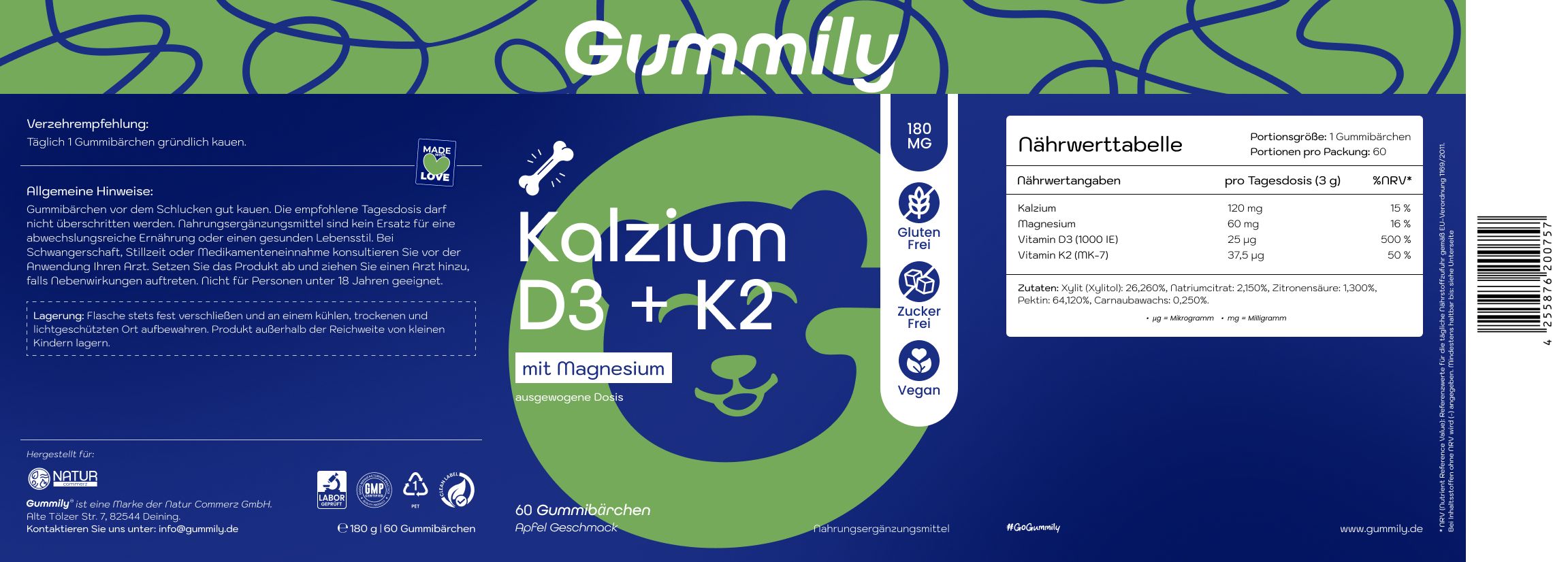 Etikett des Gummily Kalzium D3+K2 Glases mit Nährwertangaben und Inhaltsstoffen.