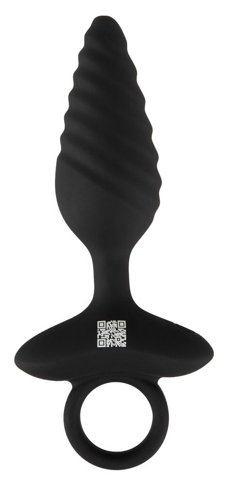 Schwarzer Analplug mit spiralförmigem Design. Mit Ring. QR-Code auf der Basis.