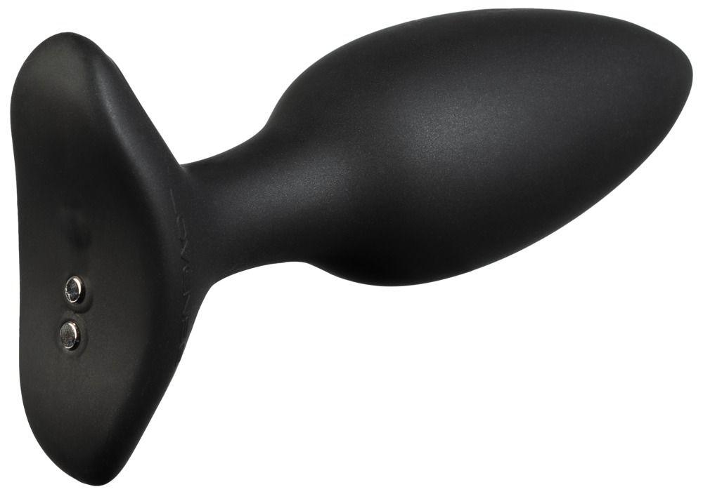 Schwarzer Analkegel mit abgewinkelter Basis. Zwei Knöpfe an der Basis. Glatte Oberfläche.