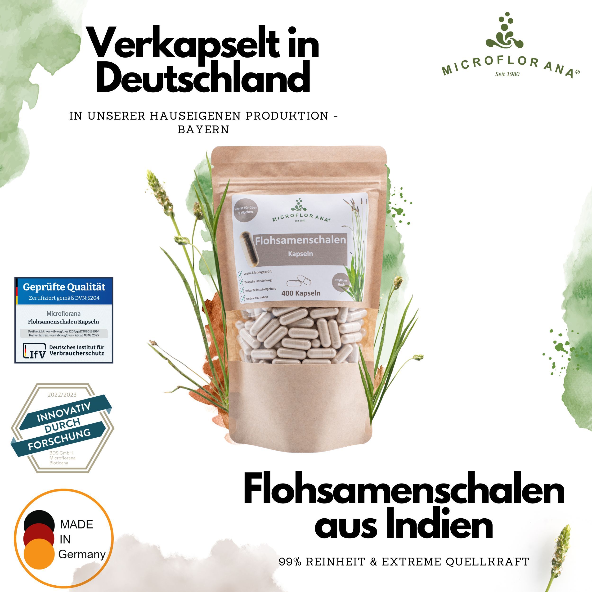 Produktverpackung mit Kapseln. Text: Flohsamenschalen aus Indien. Siegel: Geprüfte Qualität, Innovativ durch Forschung.