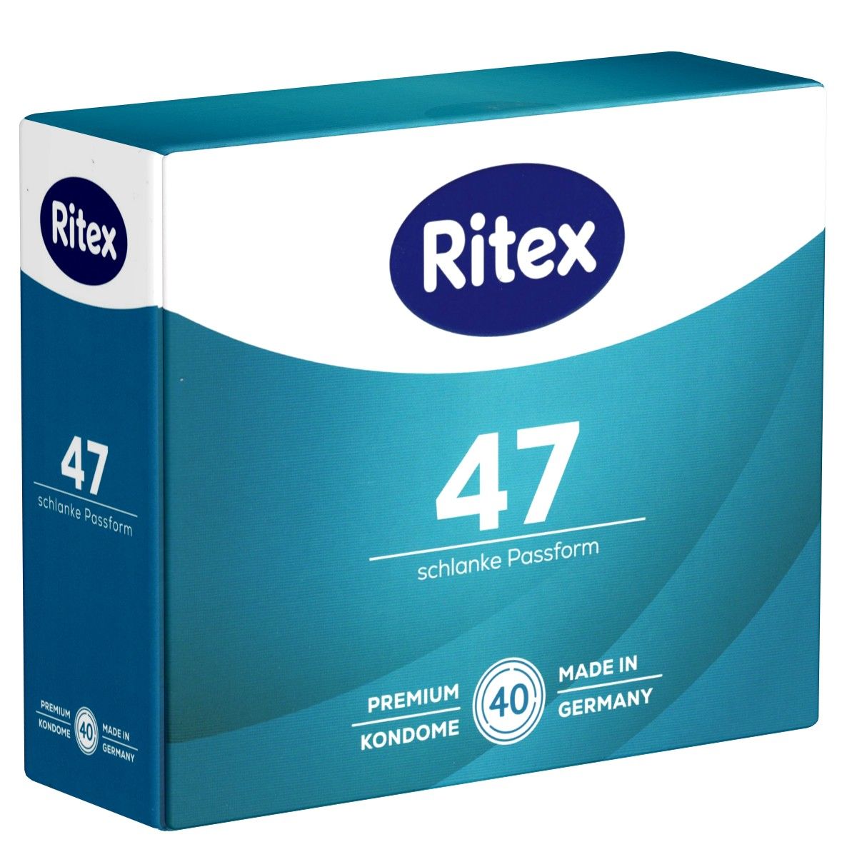 Verpackung von Ritex Kondomen. Blaue und weiße Schachtel mit Produktnamen, "47 schlanke Passform" und "Made in Germany".