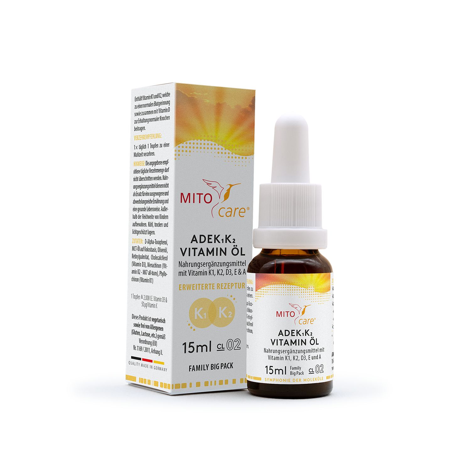 MITOcare ADEK-K Vitamin Öl: Braunglasflasche mit Pipette und Faltschachtel. Enthält K2. 15ml.