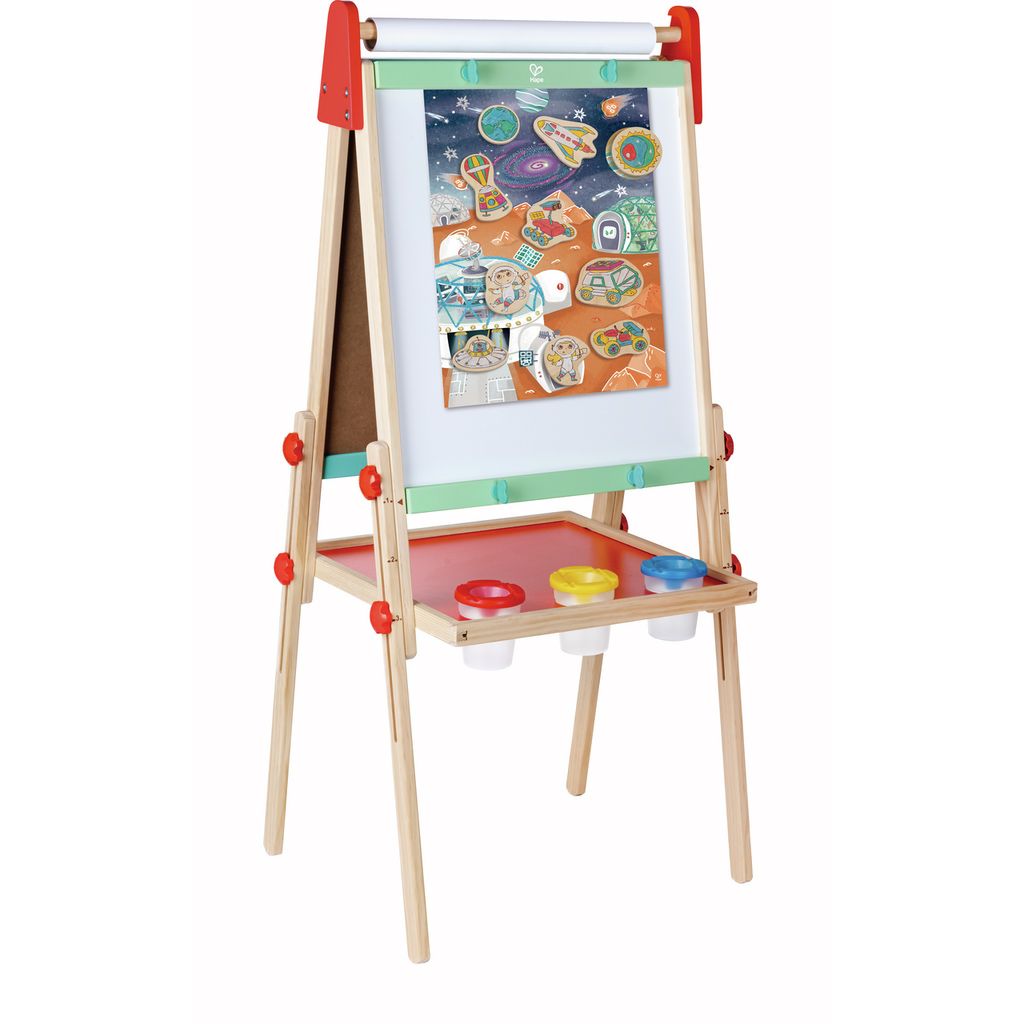 Hape Marsleven schilder- en speelset op een ezel. Houten ezel met papierrol, bord, plank. Figuren: ruimteschepen, astronauten. Verf in bakjes.