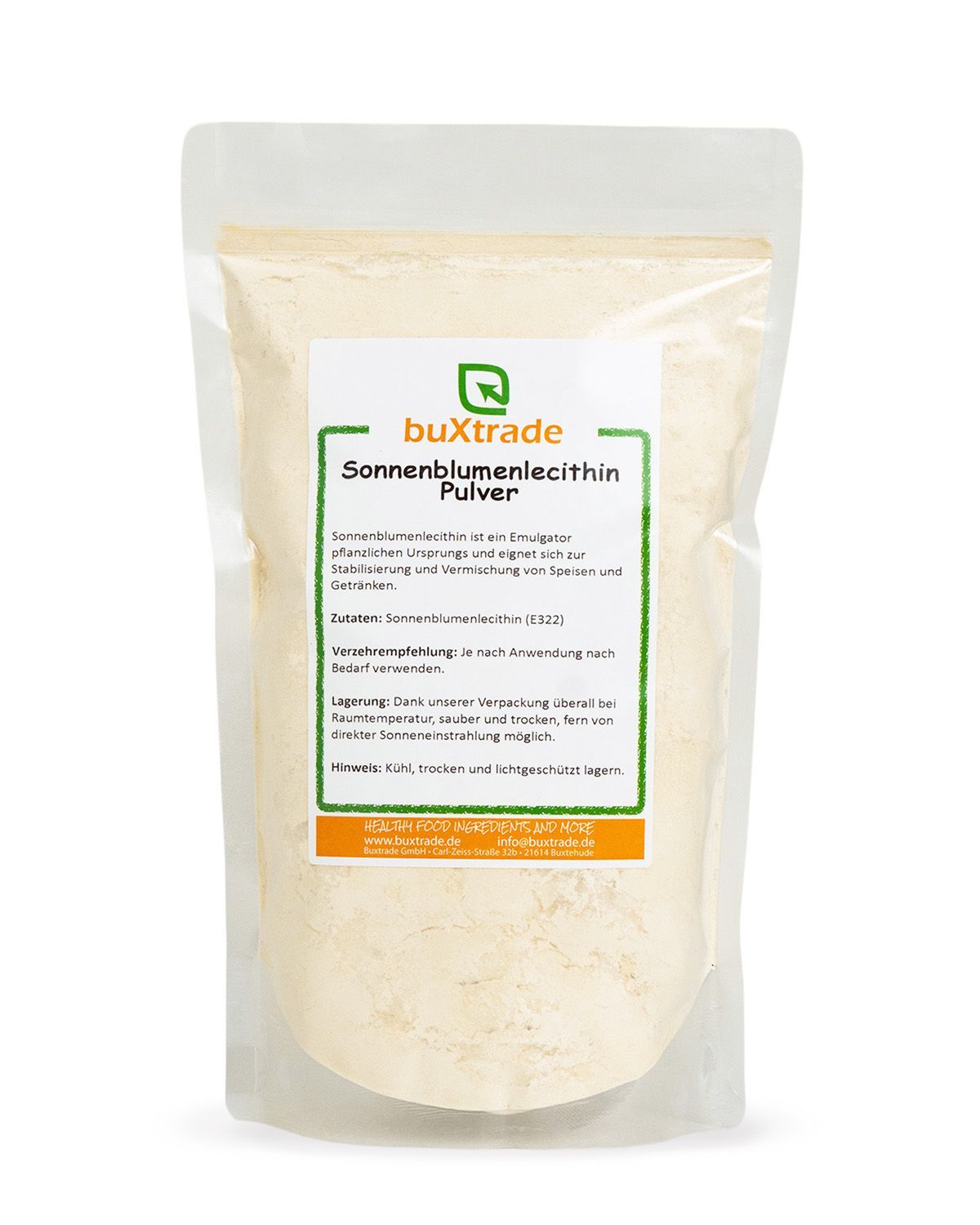 Buxtrade Sonnenblumenlecithin Pulver in einem Standbodenbeutel mit Etikett.