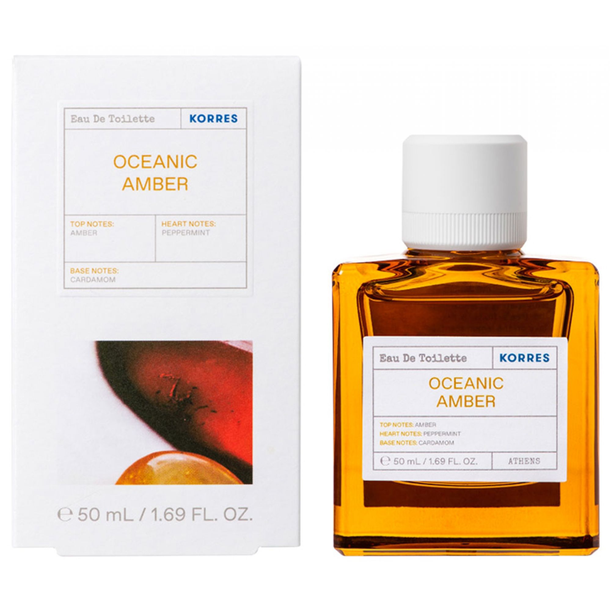 Korres Eau de Toilette Oceanic Amber Flakon und Verpackung. Bernstein-farbene Flüssigkeit.