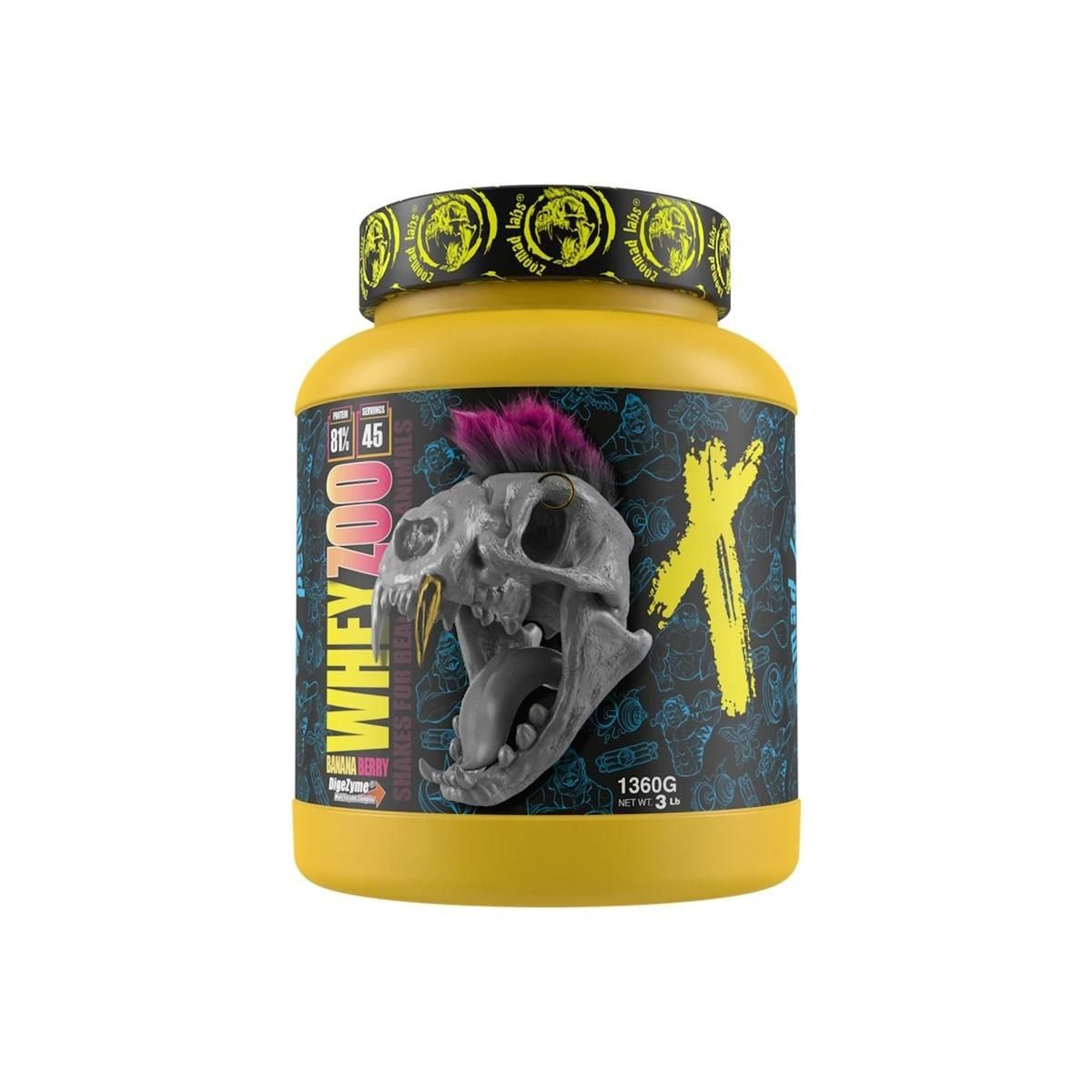 Gelbe Dose mit Aufdruck. Auf der Dose ist ein Totenkopf mit pinkfarbenen Haaren abgebildet. Aufschrift: WHEY ZOO.