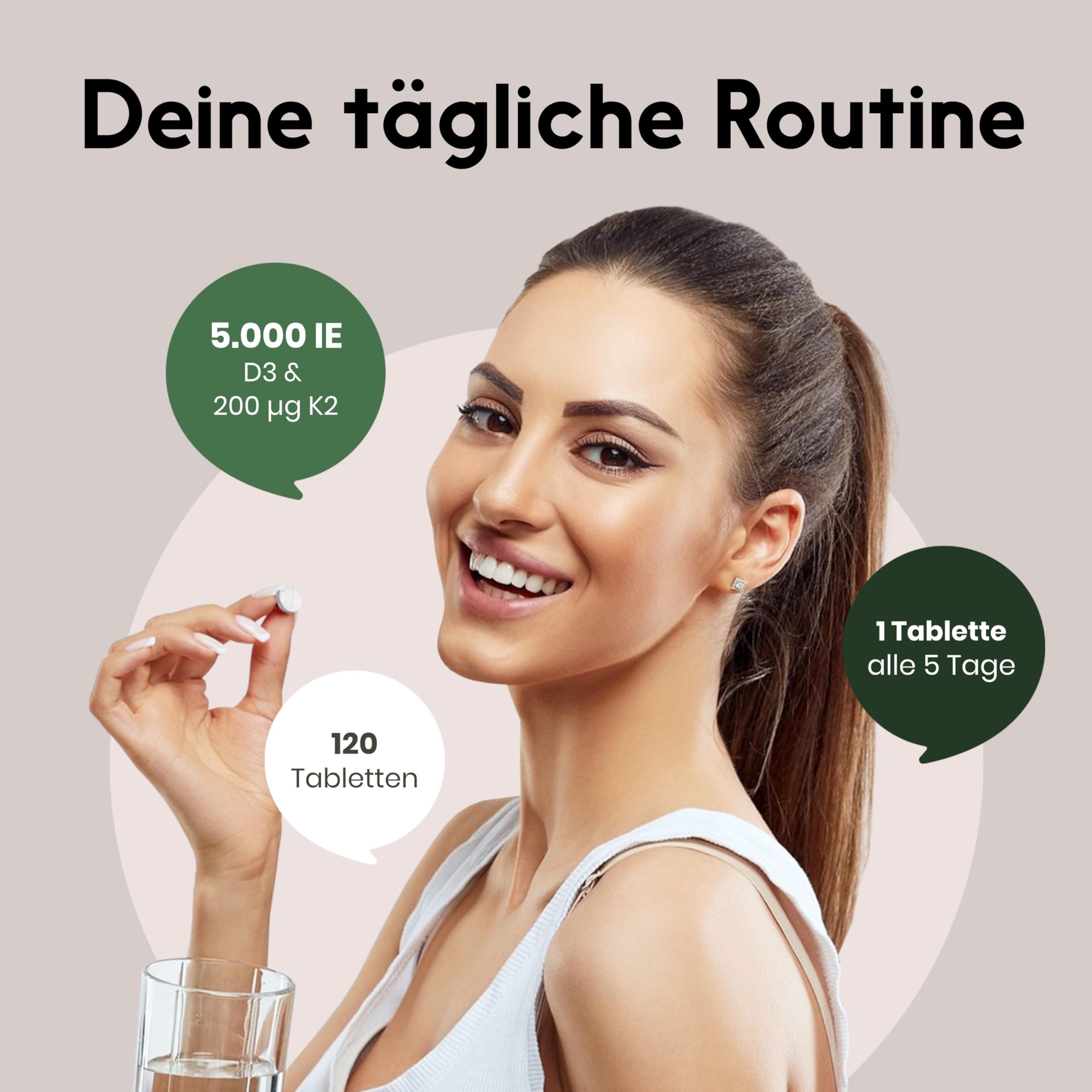 Eine Frau hält eine Tablette. Text: 5.000 IE D3 & 200 µg K2, 120 Tabletten, 1 Tablette alle 5 Tage. Text: Deine tägliche Routine.