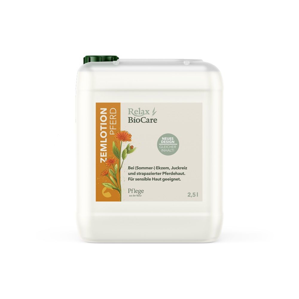 Weißer Kanister mit grünem Deckel. Aufkleber mit Produktnamen, Marke Relax BioCare, Illustration und Text. 2,5 l.