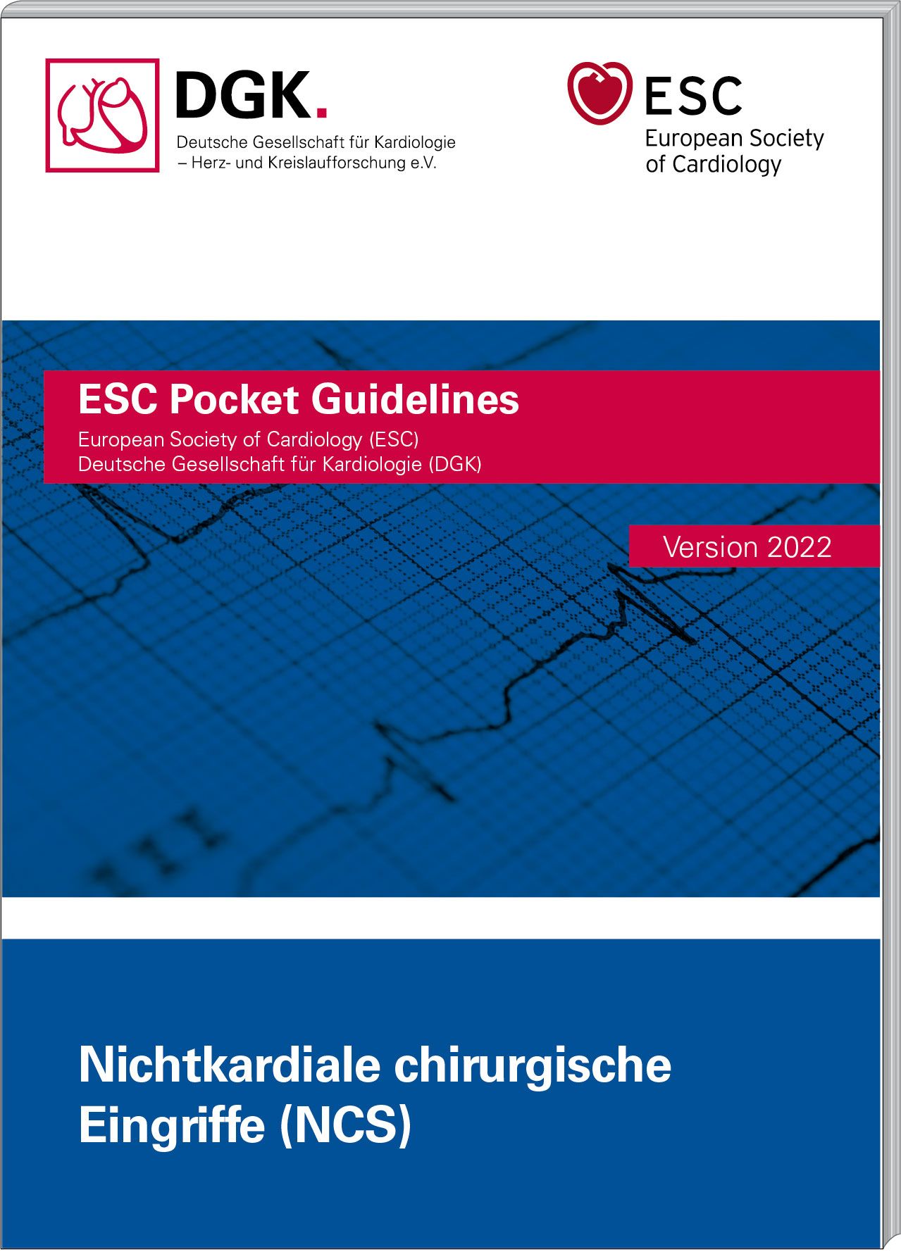 Buchcover mit Titeln: ESC Pocket Guidelines, Nichtkardiale chirurgische Eingriffe (NCS). Logos von DGK und ESC.