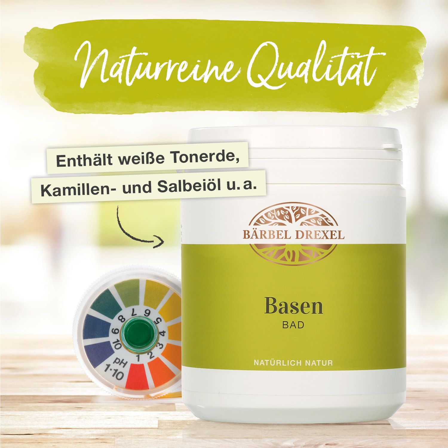Bärbel Drexel Basen Bad Dose mit pH-Teststreifen und Hinweisen zu Inhaltsstoffen.