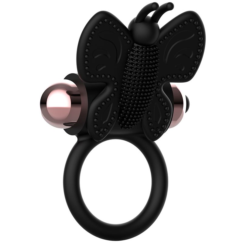 Schwarzer Ring mit Schmetterlingsdesign und zwei metallischen Kugeln.