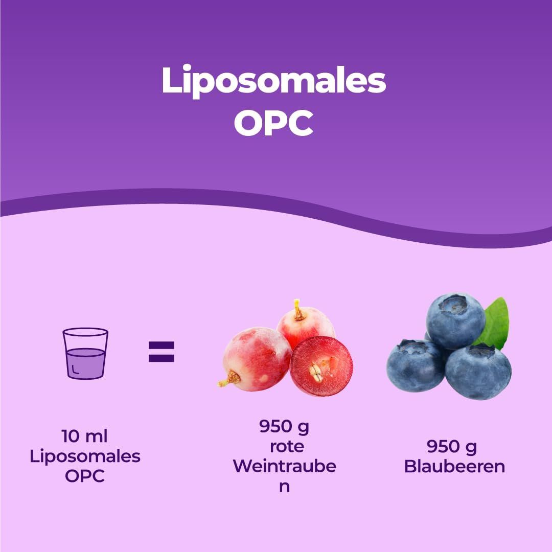 Liposomales OPC. Grafik: 10 ml OPC entspricht 950 g rote Weintrauben und 950 g Blaubeeren. Glas und Früchte.