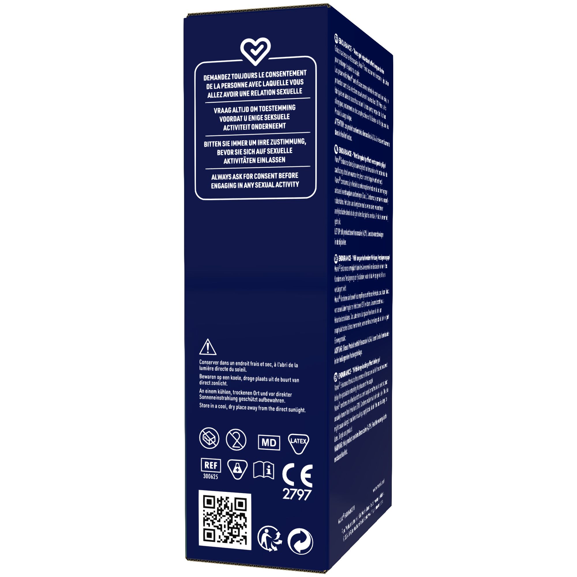 Rückseite der Manix Endurance Time Control Kondompackung mit Warnhinweisen und CE-Zeichen.