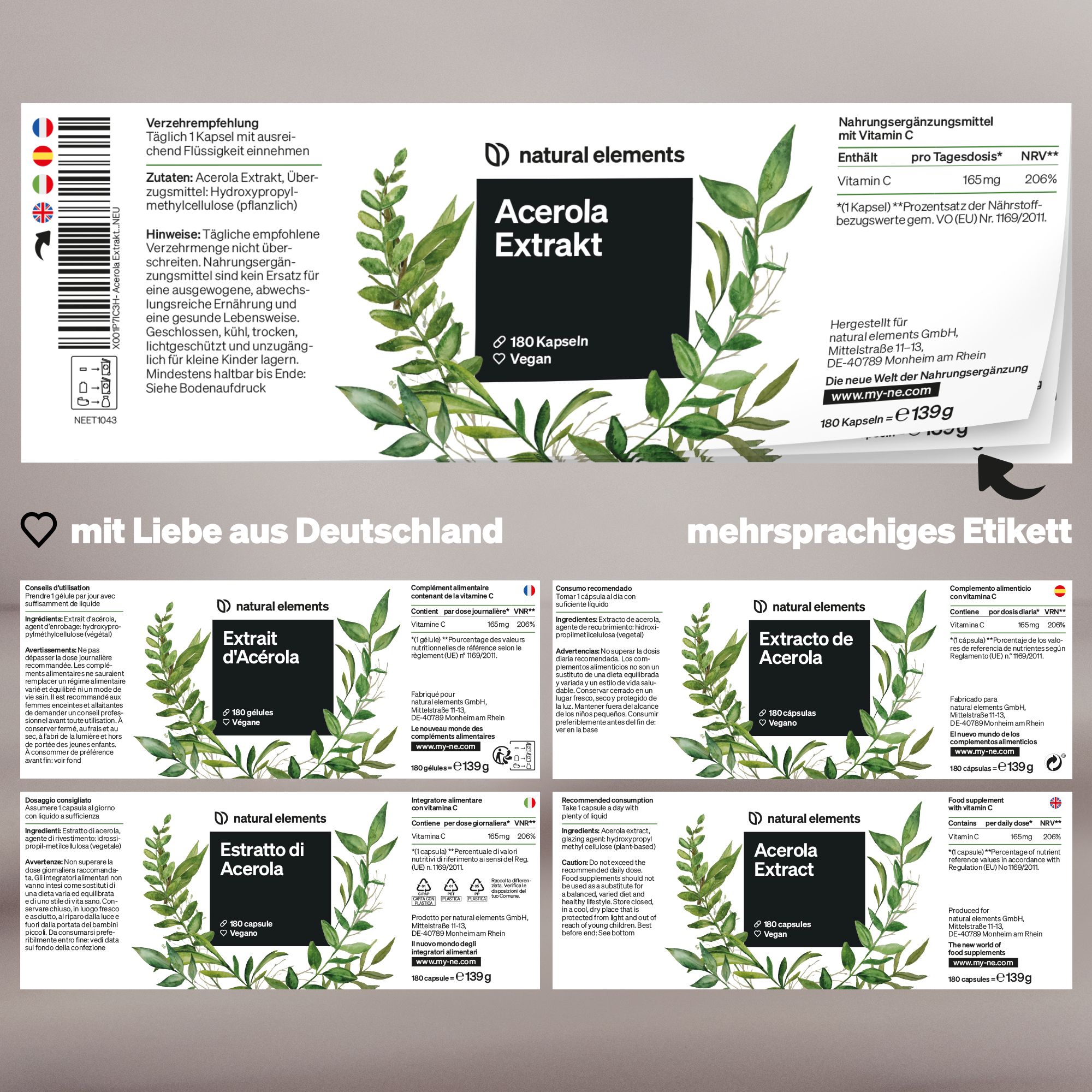 natural elements Acerola Extrakt + Vitamin C – 180 Stk – 660mg Acerola Extrakt & 165 mg Vit C/Kapsel