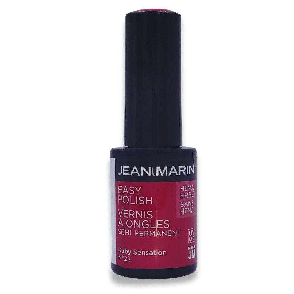 Nagellackflasche mit schwarzem Deckel. Aufschrift: JEAN MARIN, EASY POLISH, Ruby Sensation. HEMA-frei.