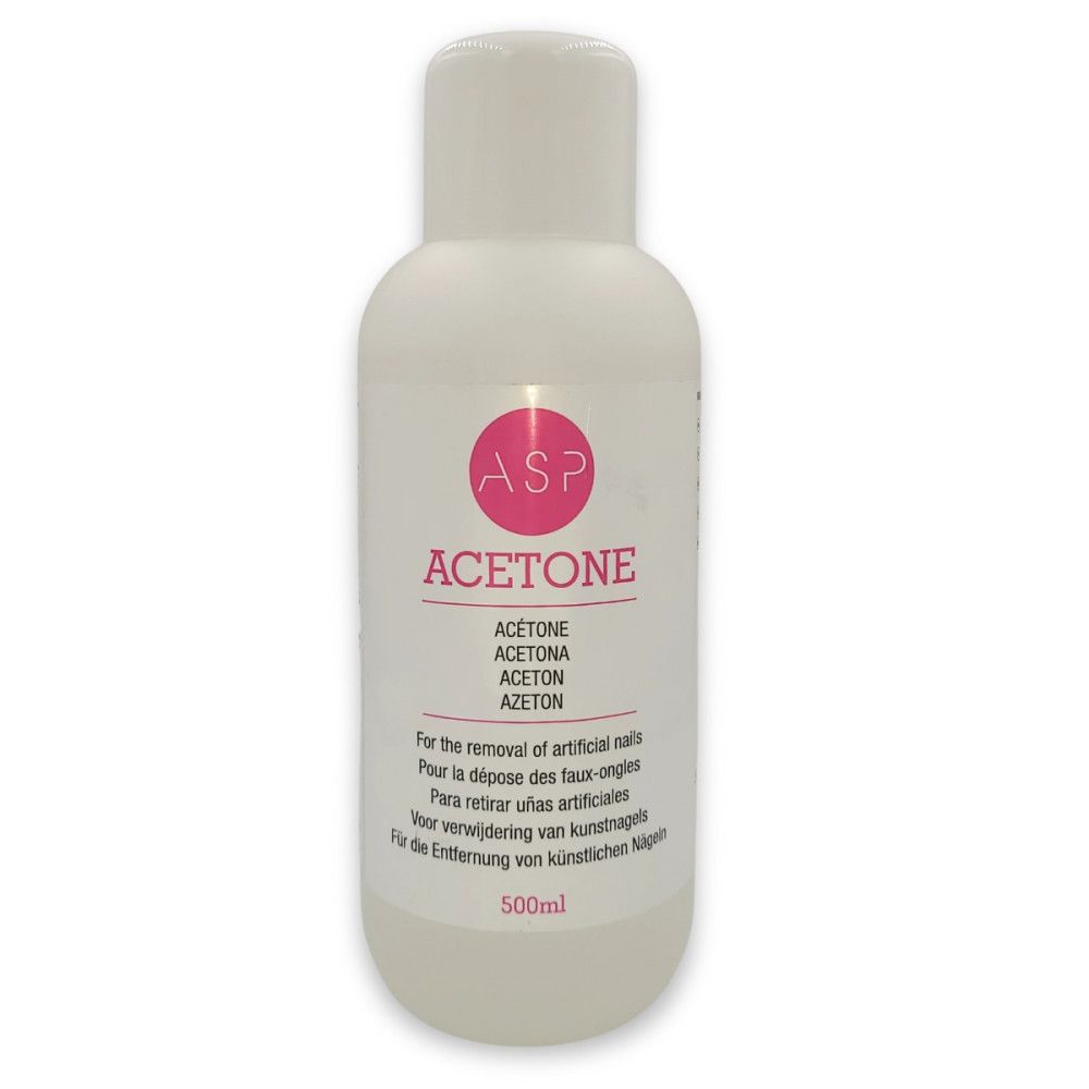 Weiße Flasche mit rosa Etikett. Aufschrift: ASP, ACETONE. Text in mehreren Sprachen: Für die Entfernung von Kunstnägeln. Volumen: 500ml.
