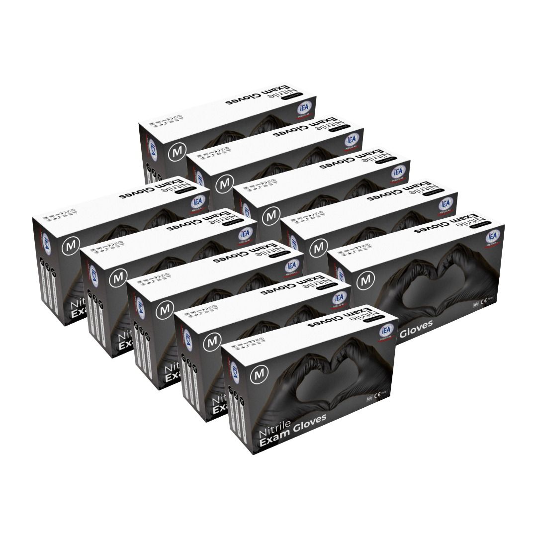 Mehrere Kartons mit schwarzen Nitril-Handschuhen, Größe M. Aufdruck: Nitrile Exam Gloves.