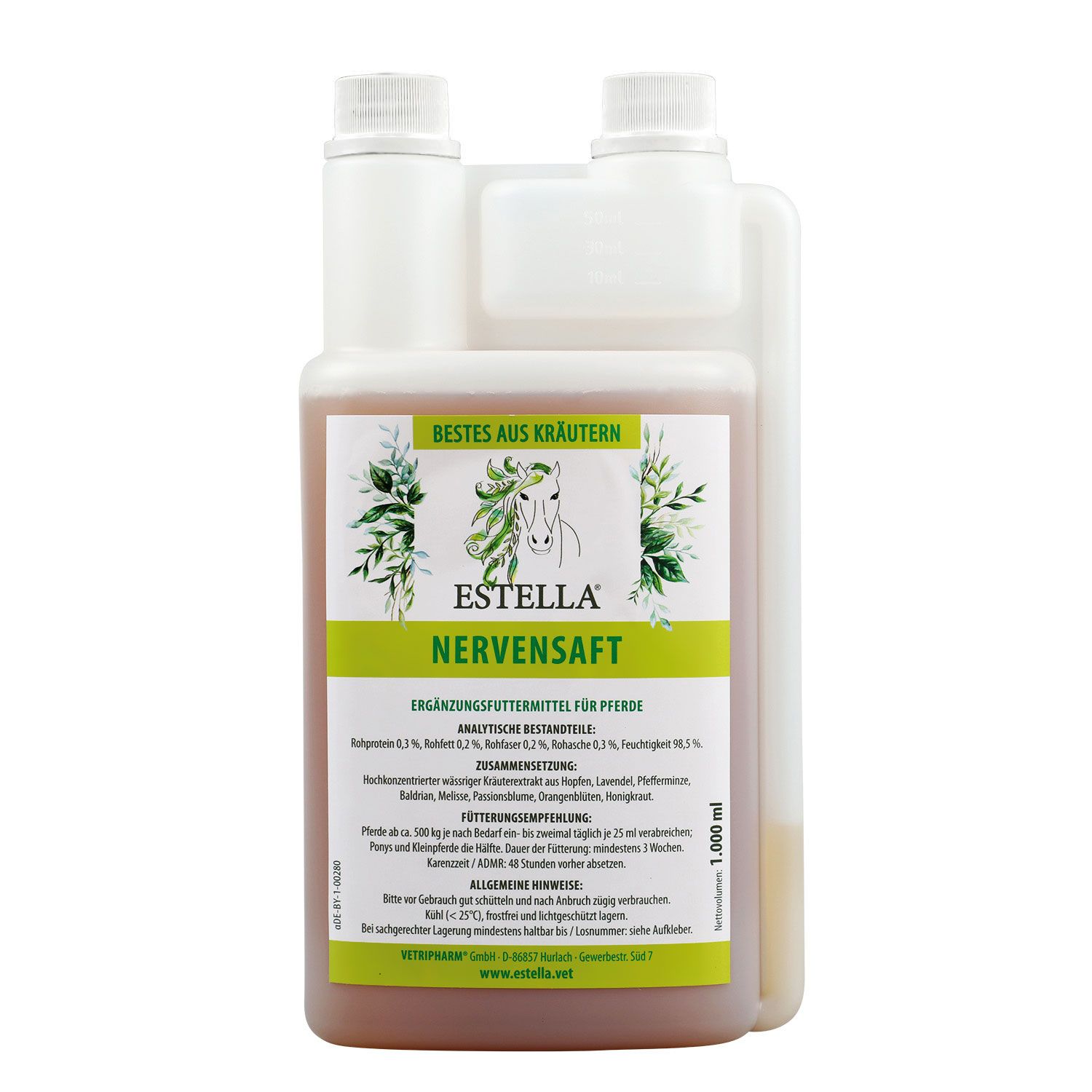 Ergänzungsfuttermittel für Pferde. Flasche mit Etikett. Aufschrift: Estella Nervensaft. 1.000 ml.