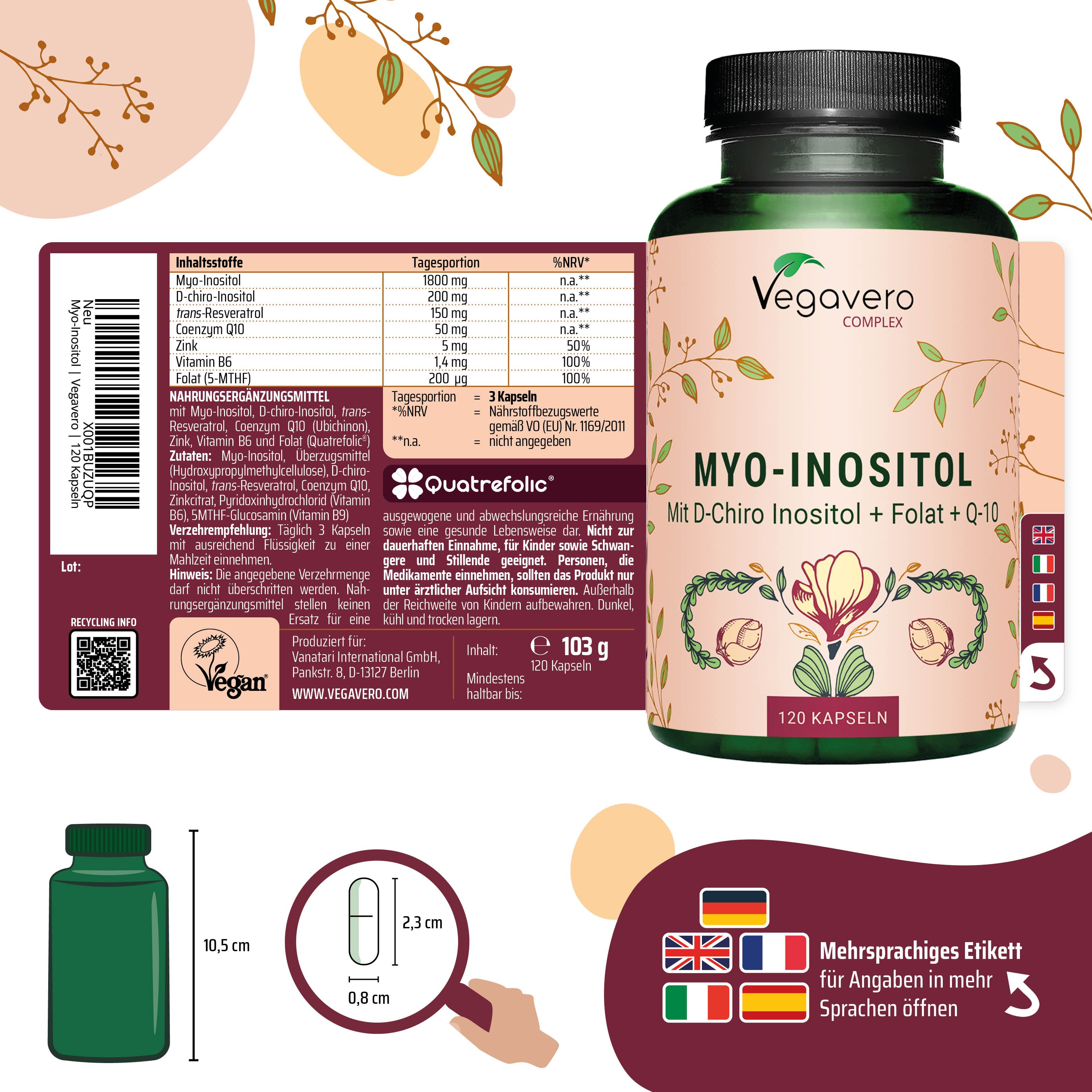 Produktverpackung mit Etikett. Flasche mit Kapseln, 10,5 cm hoch. Kapsel: 2,3 x 0,8 cm.