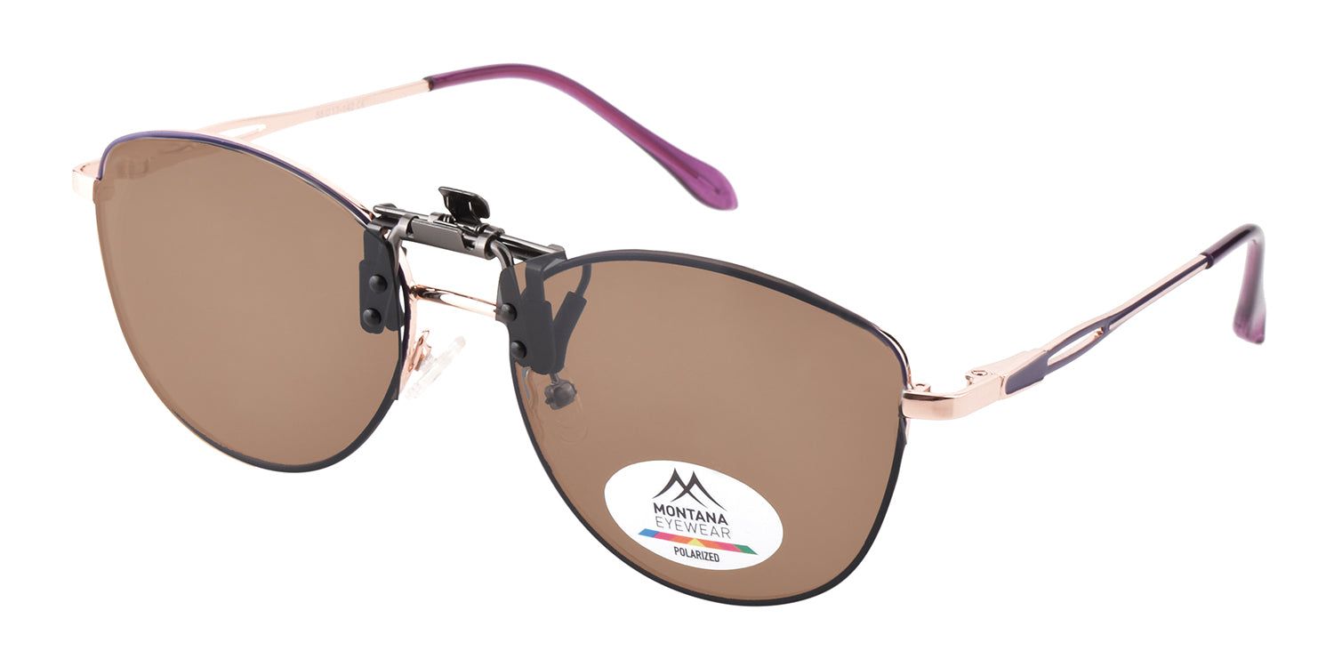 Montana Eyewear Sopot Flip-up-Sonnenbrille, braune Gläser, schwarzer Rahmen, goldene Bügel. Logo sichtbar.